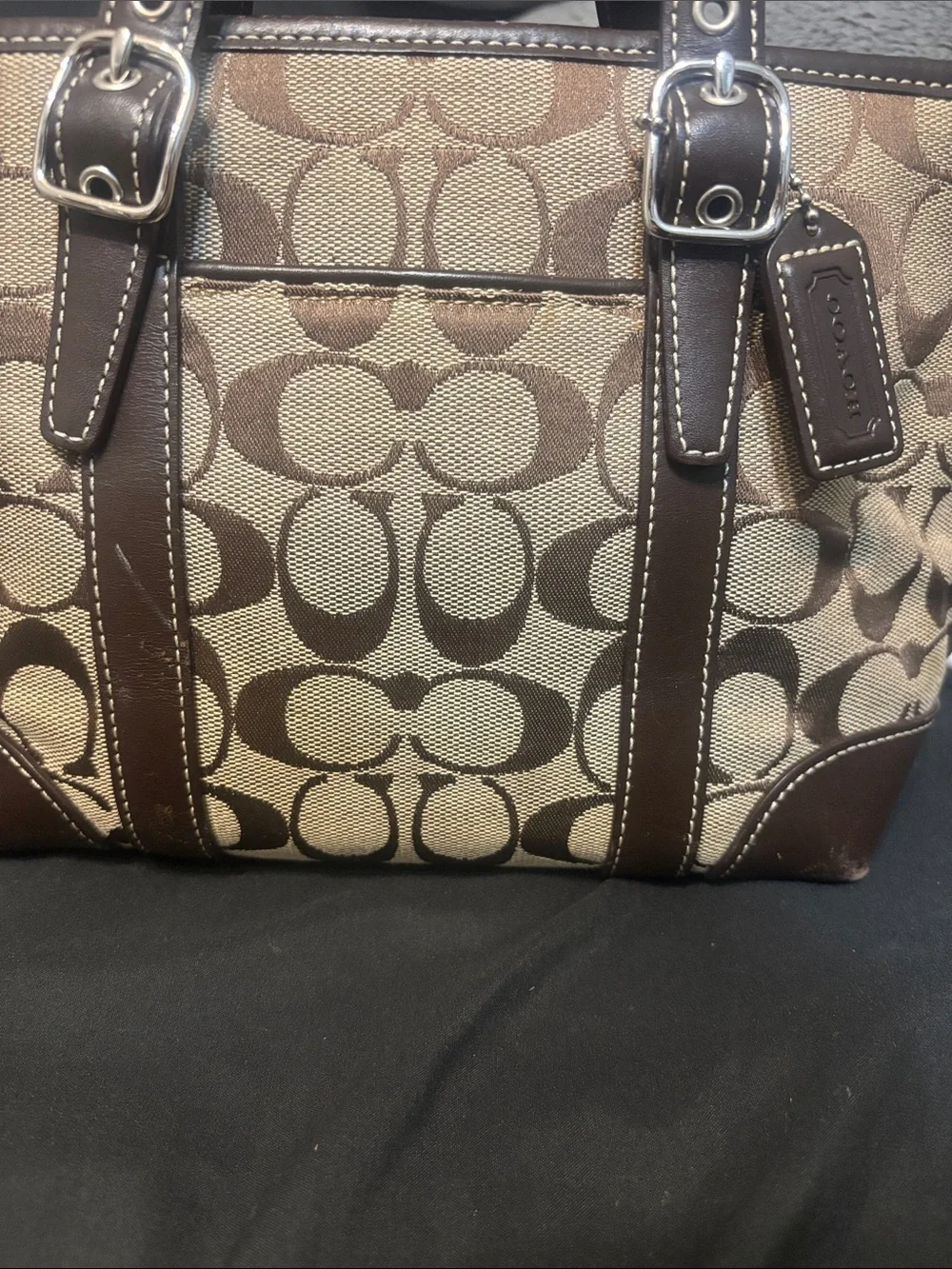 Coach Brown Signature Canvas Tote with Dark Brown Leather Trim